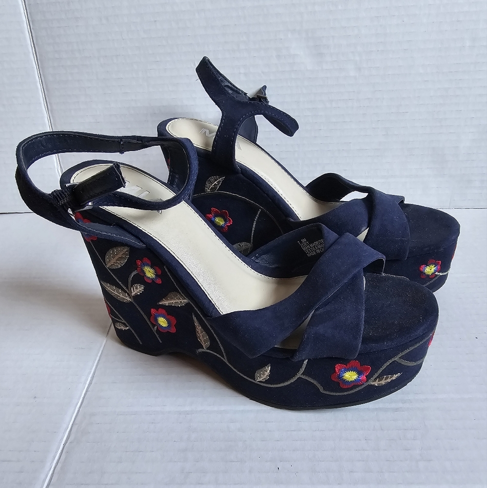 Mia Zoey Floral Embroidered Blue Wedge Sandals Women  7.5